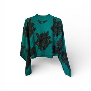 Emerald Green and Black  Floral Knit Top